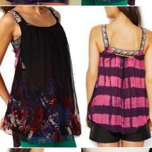 Free People Boho Tie-Dye Mixed Print Tunic Tank Top Black Pink Tie Dye XS